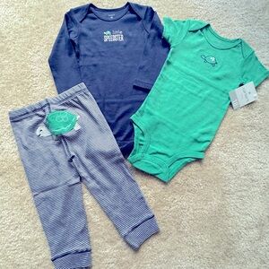 Carters 3 piece set: onesie snap crotch tops (short & long sleeves) w/pants.